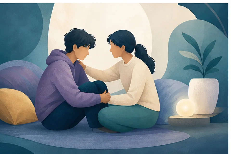 青少年心理支持插画：温和陪伴与情绪支持